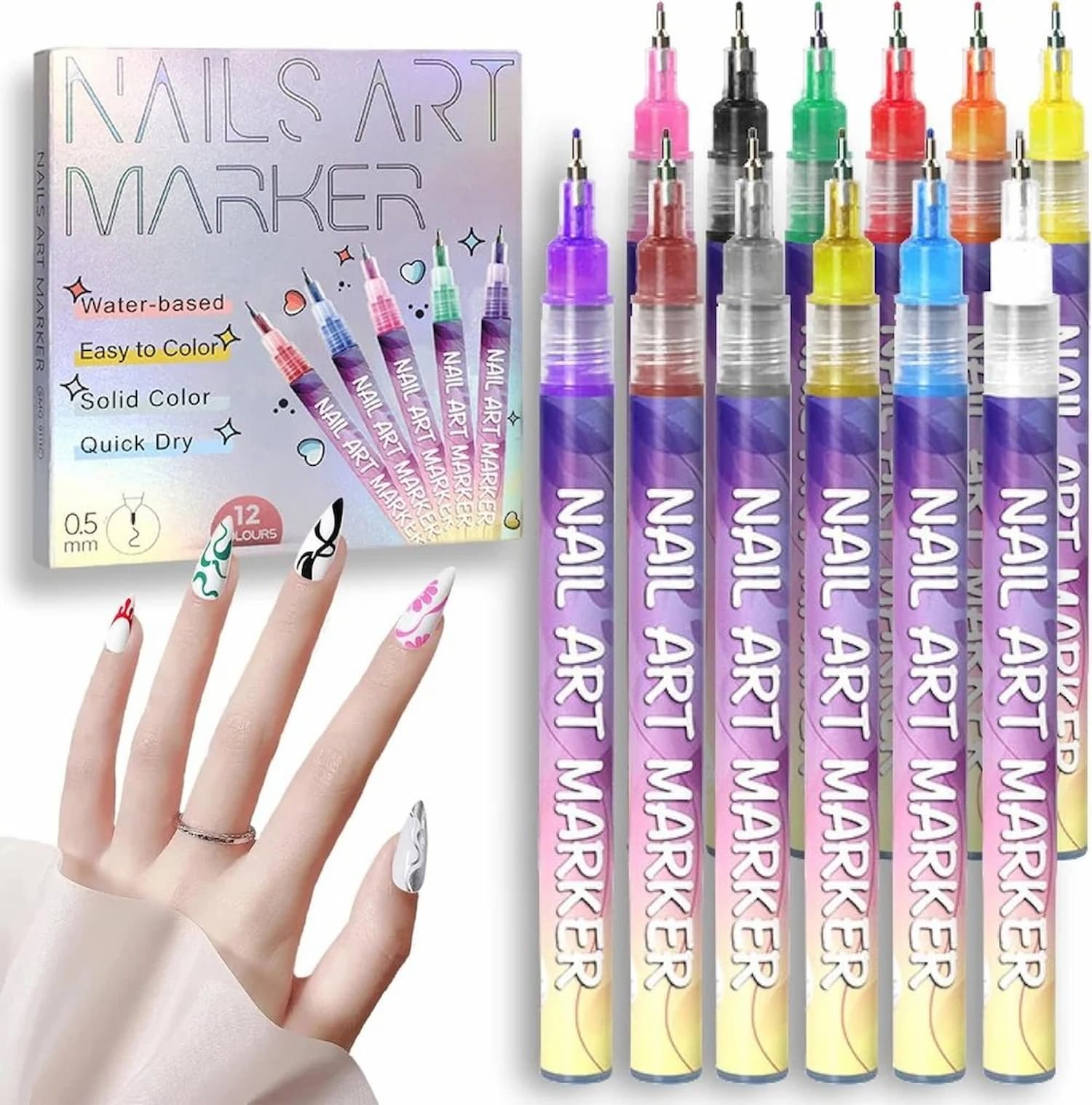 NailArt™ | 12 Farben Nagelkunst-Stifte — Acryl-Nageldesign-Set mit feiner Spitze