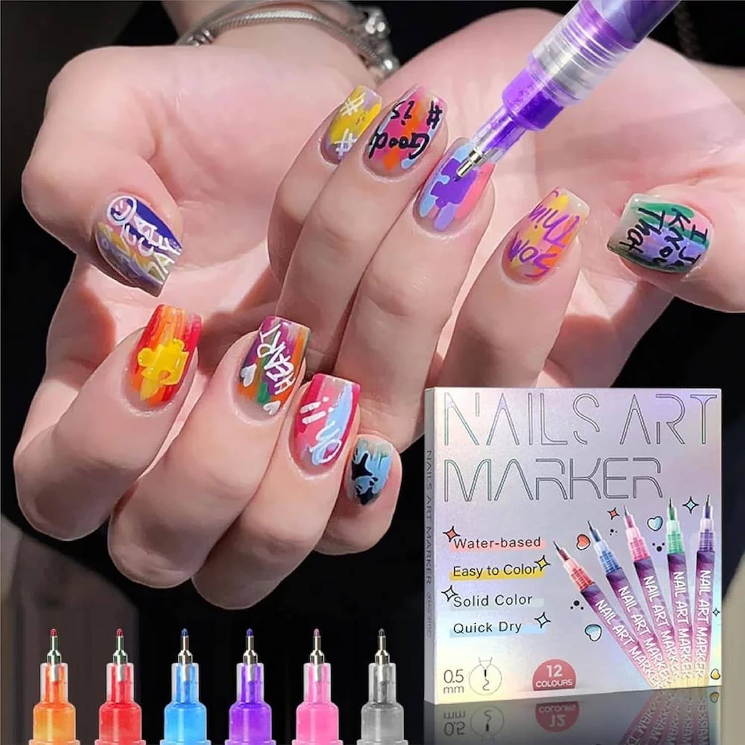 NailArt™ | 12 Farben Nagelkunst-Stifte — Acryl-Nageldesign-Set mit feiner Spitze