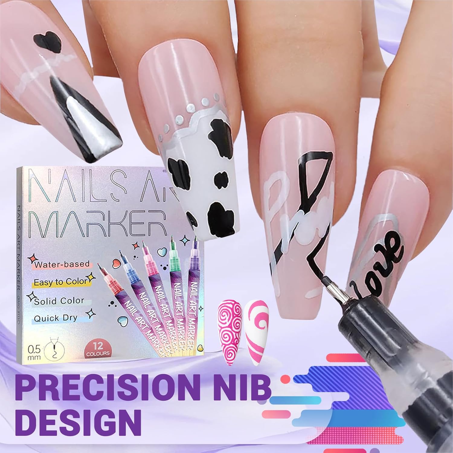 NailArt™ | 12 Farben Nagelkunst-Stifte — Acryl-Nageldesign-Set mit feiner Spitze