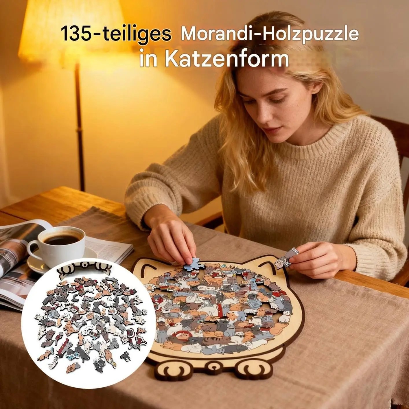 Purrzle™ | Holzpuzzle Katze 135 Teile — Kunst, Ruhe & Stil vereint in einem Set