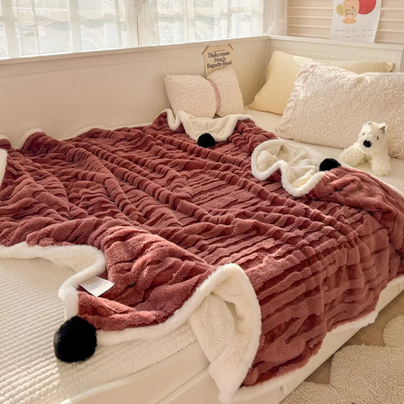 Lapinora™ | Jacquard Dicke & Weiche Winterdecke | Kaninchenfelloptik mit Bommel | Ideal für Sofa, Büro & Schlafzimmer