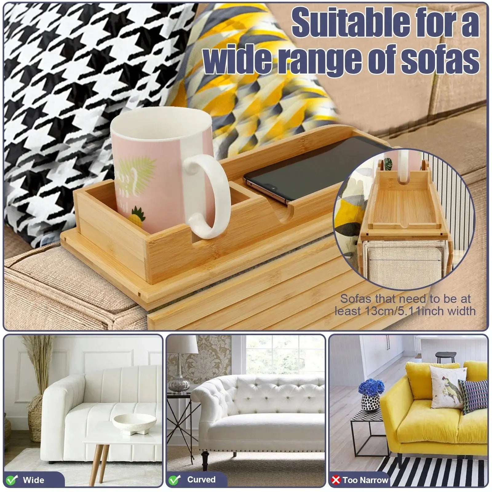 SofaMate™ | Sofa-Armablage Bambus — Getränkehalter & Ablage in einem